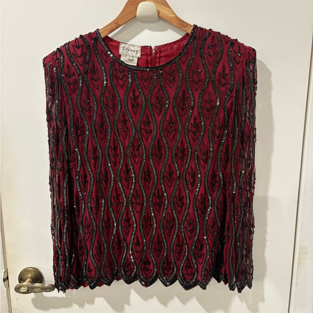 Vintage Stenay beaded long sleeve red black silk blouse sheer sleeve Large